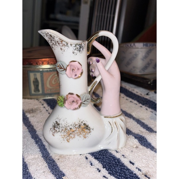 Other - Vintage Porcelain Hand Holding Pitcher Bud Vase Pink Roses Gold Gilt Ceramic